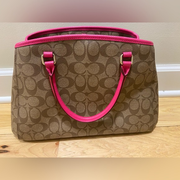 Coach Khaki Brown Hot Pink Signature Tote Bag Satchel Purse with Crossbody Strap - Picture 2 of 8